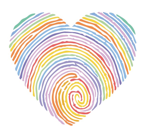 Logo Impronte Inklusive: cuore a impronta digitale arcobaleno